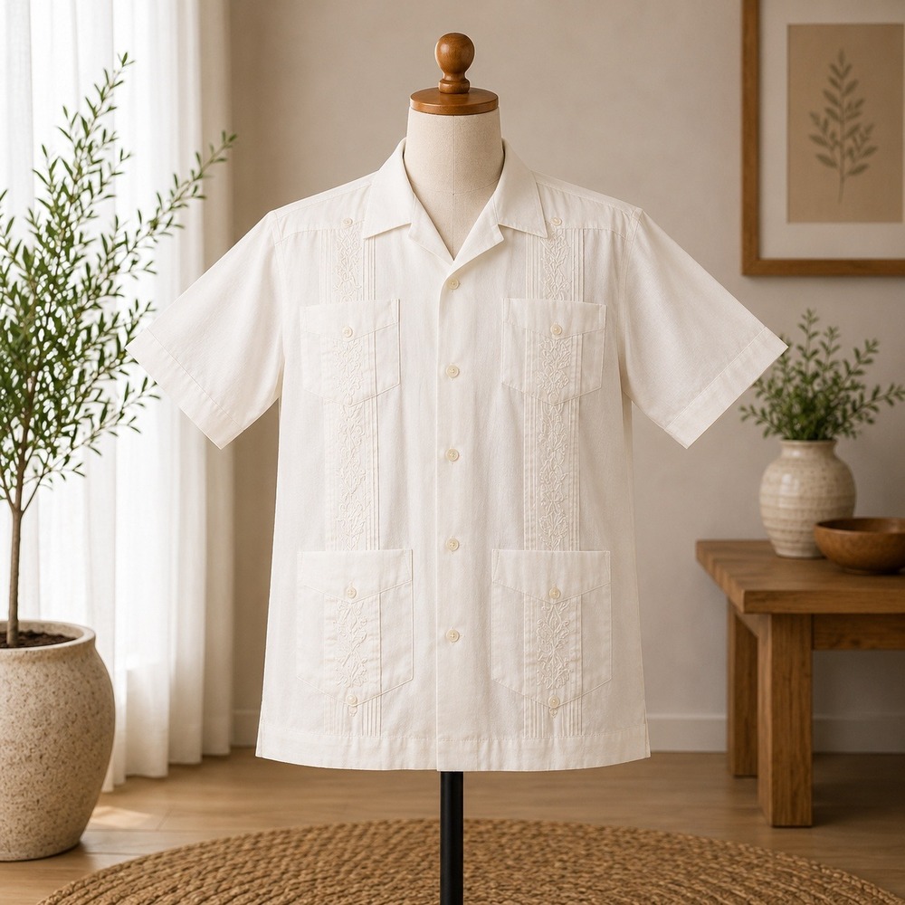Romani Guayabera Shirt  XL Off White Short Sleeve‎ Embroidered Mexican Wedding